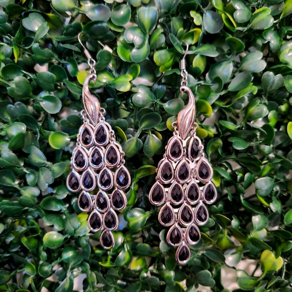 Peacock Dangle Earrings, Black and Silver Tone